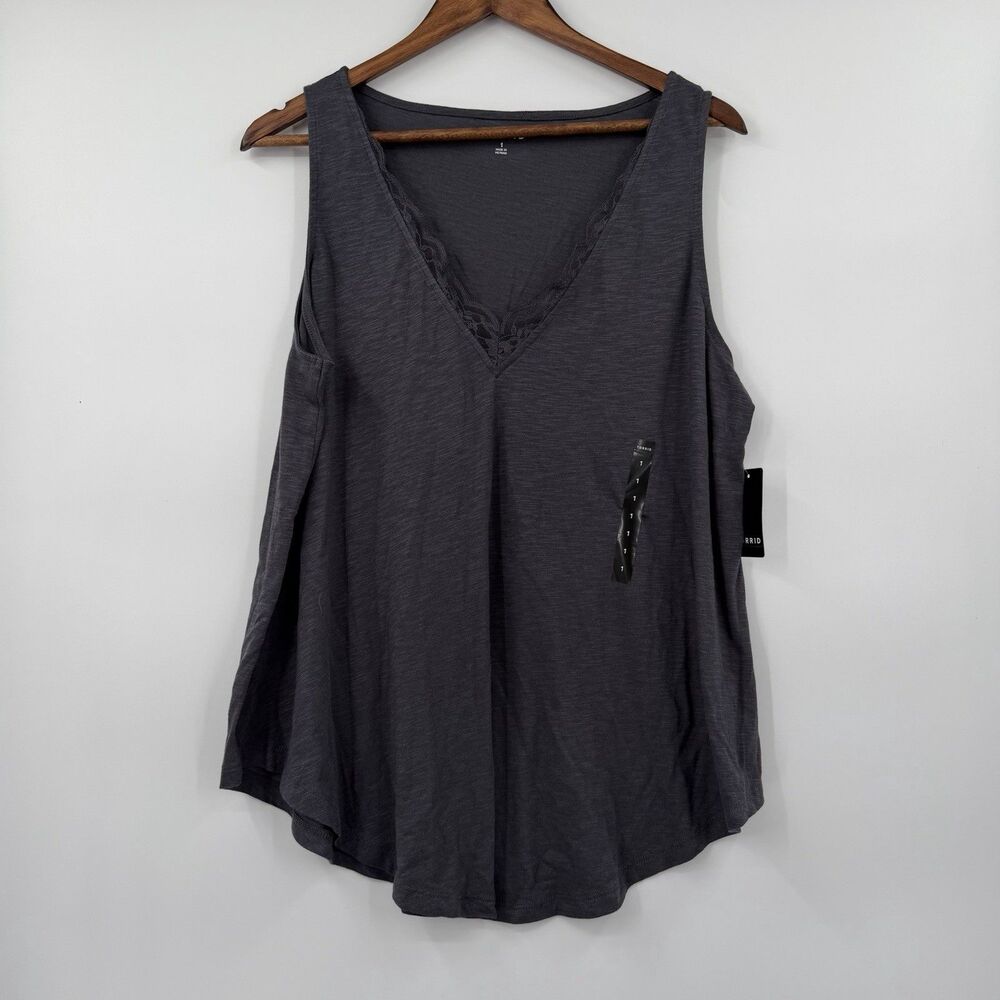 Torrid Vintage Slub Lace Inset V-Neck Swing Tank Top Gray 1X NWT